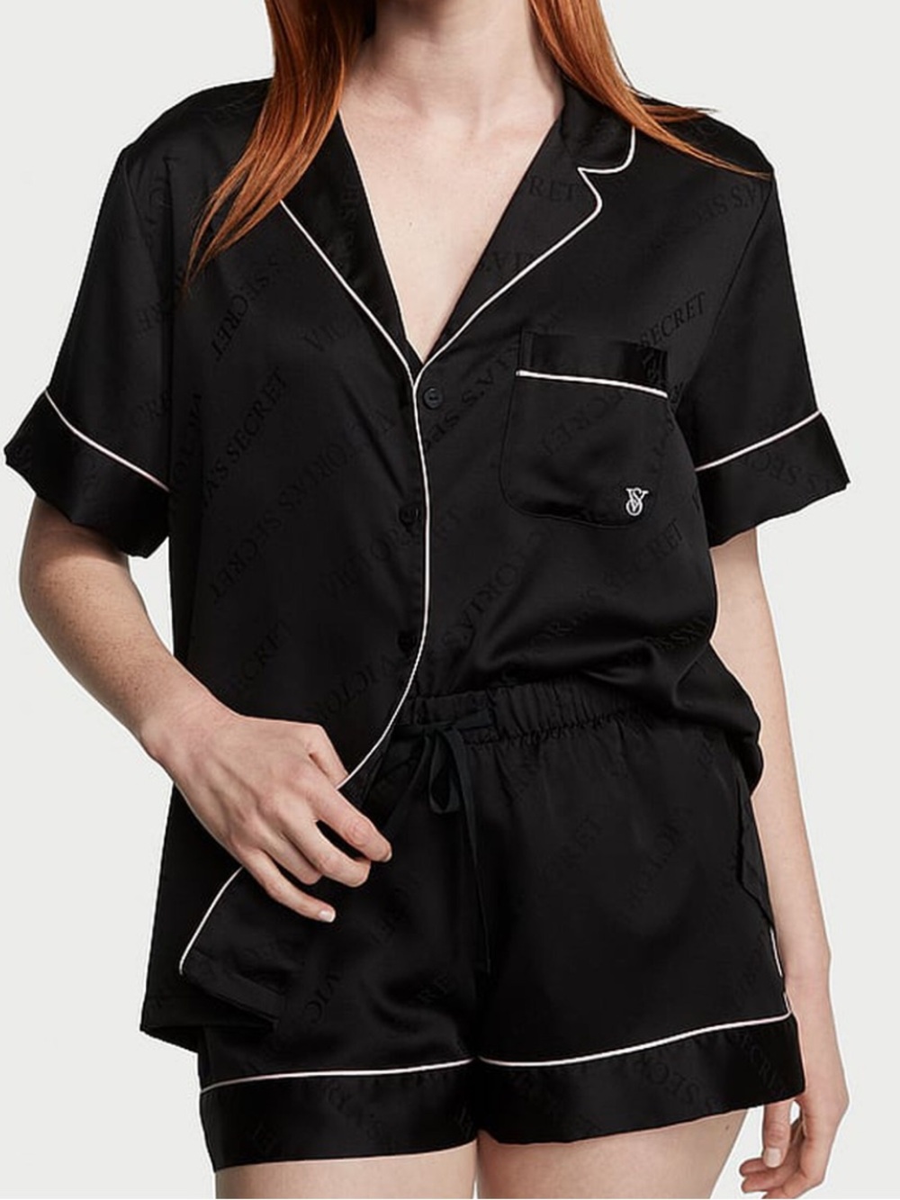 VICTORIA'S SECRET Black Logo Pink Satin Short Pajama Set M